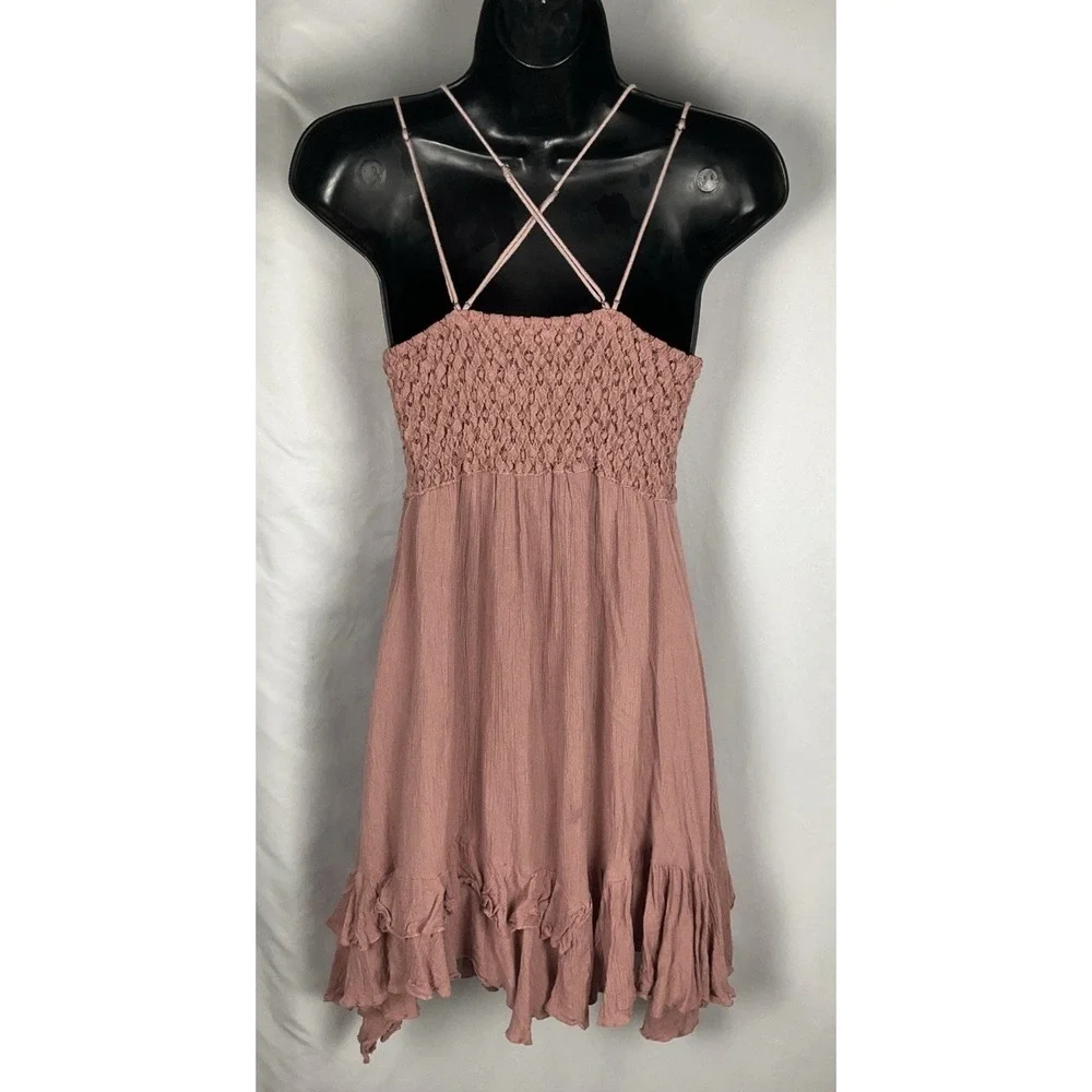 Free People One Size M Adela Dusty Rose/ Mauve Slip Dress Crocheted Lace V Neck